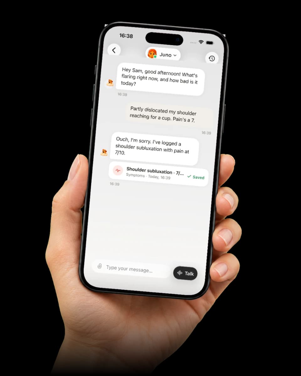 A chat with Juno where a ehlers-danlos syndrome symptom is logged