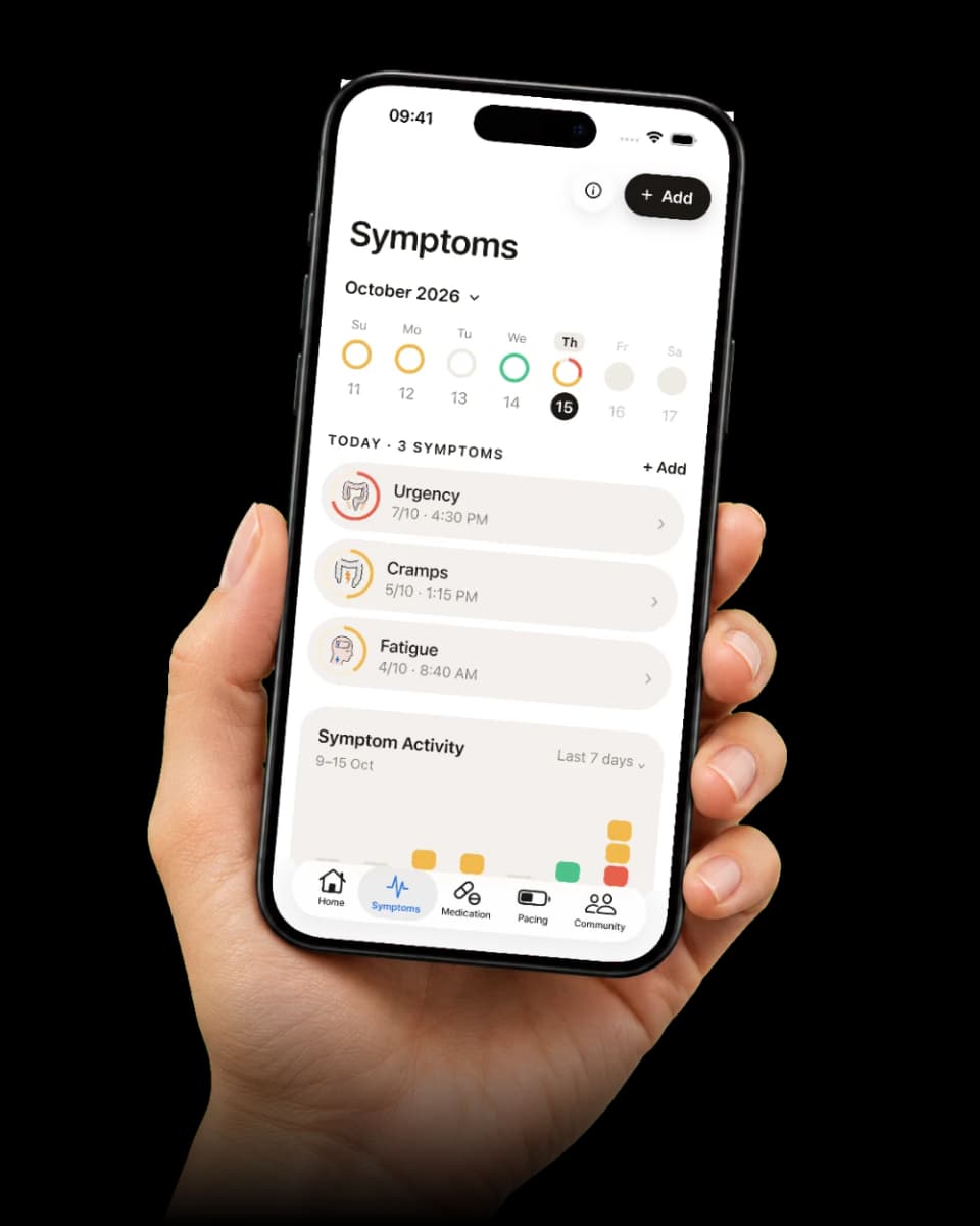 The Juno symptom tracker with ulcerative colitis symptoms logged today