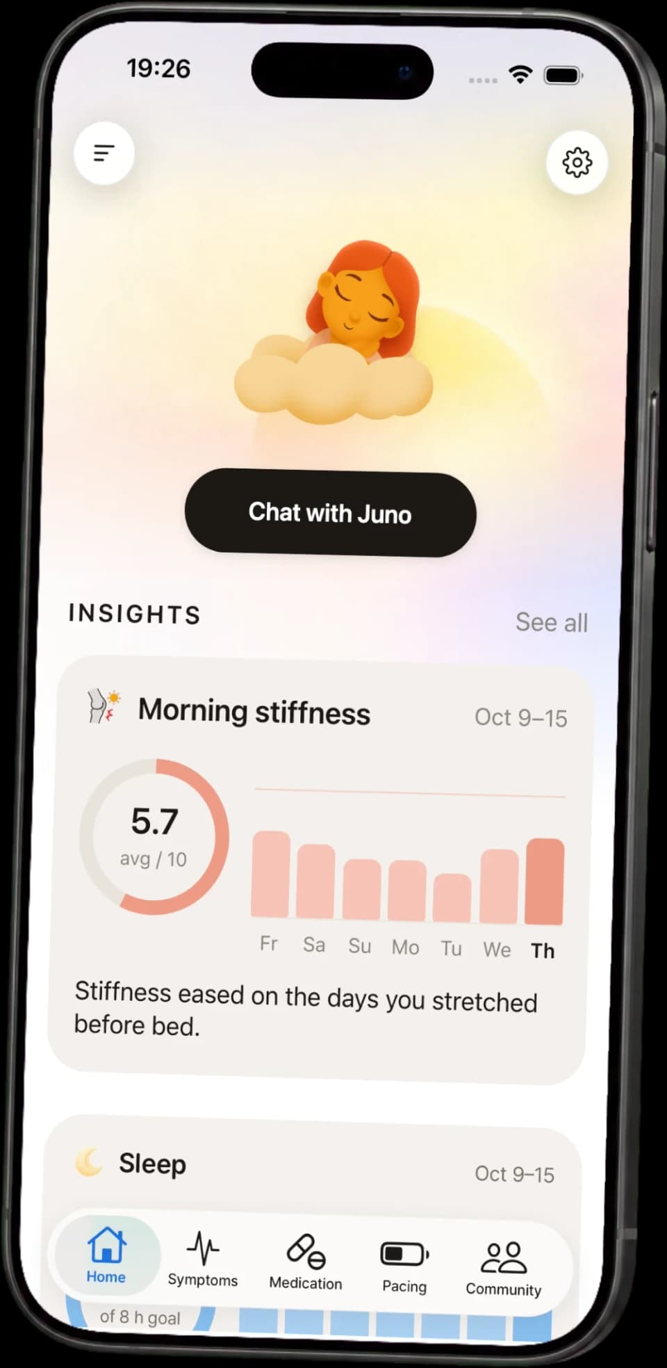 The Juno app home screen with a weekly insight about morning stiffness