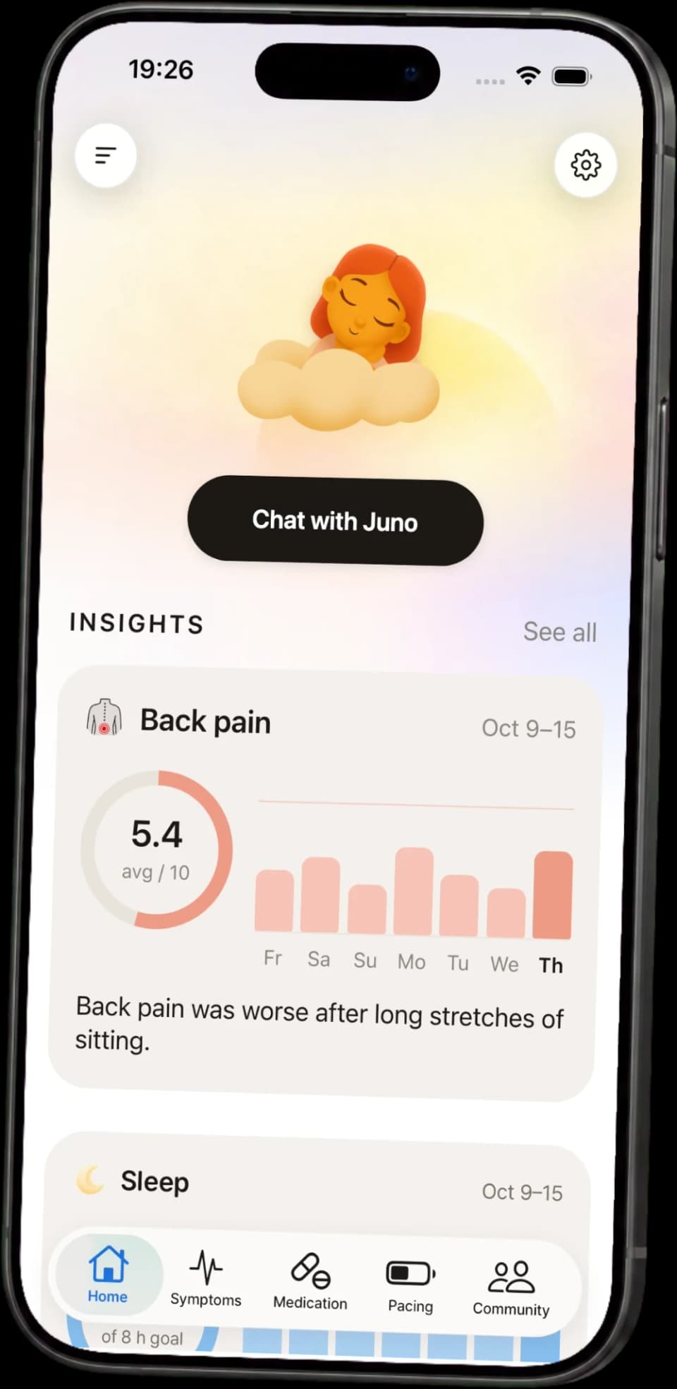 The Juno app home screen with a weekly insight about back pain