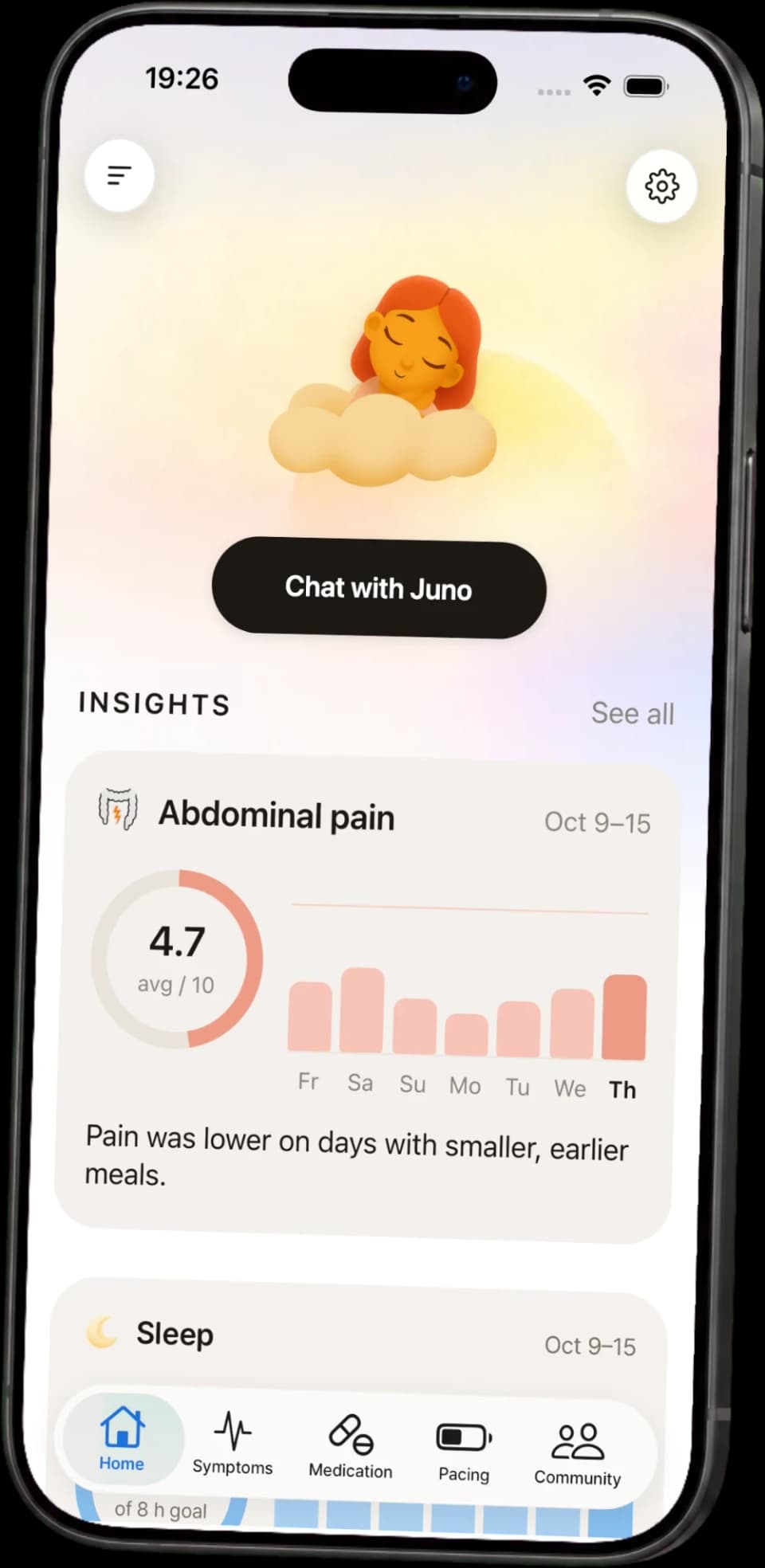 The Juno app home screen with a weekly insight about abdominal pain