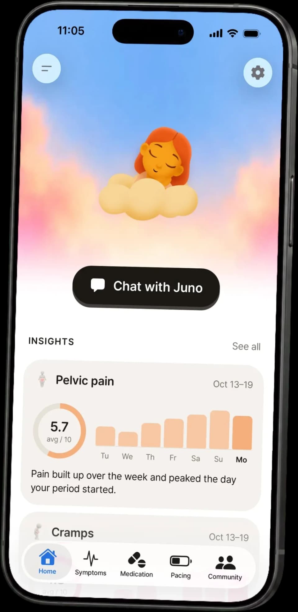 The Juno app home screen with Insights for pelvic pain, cramps and bloating