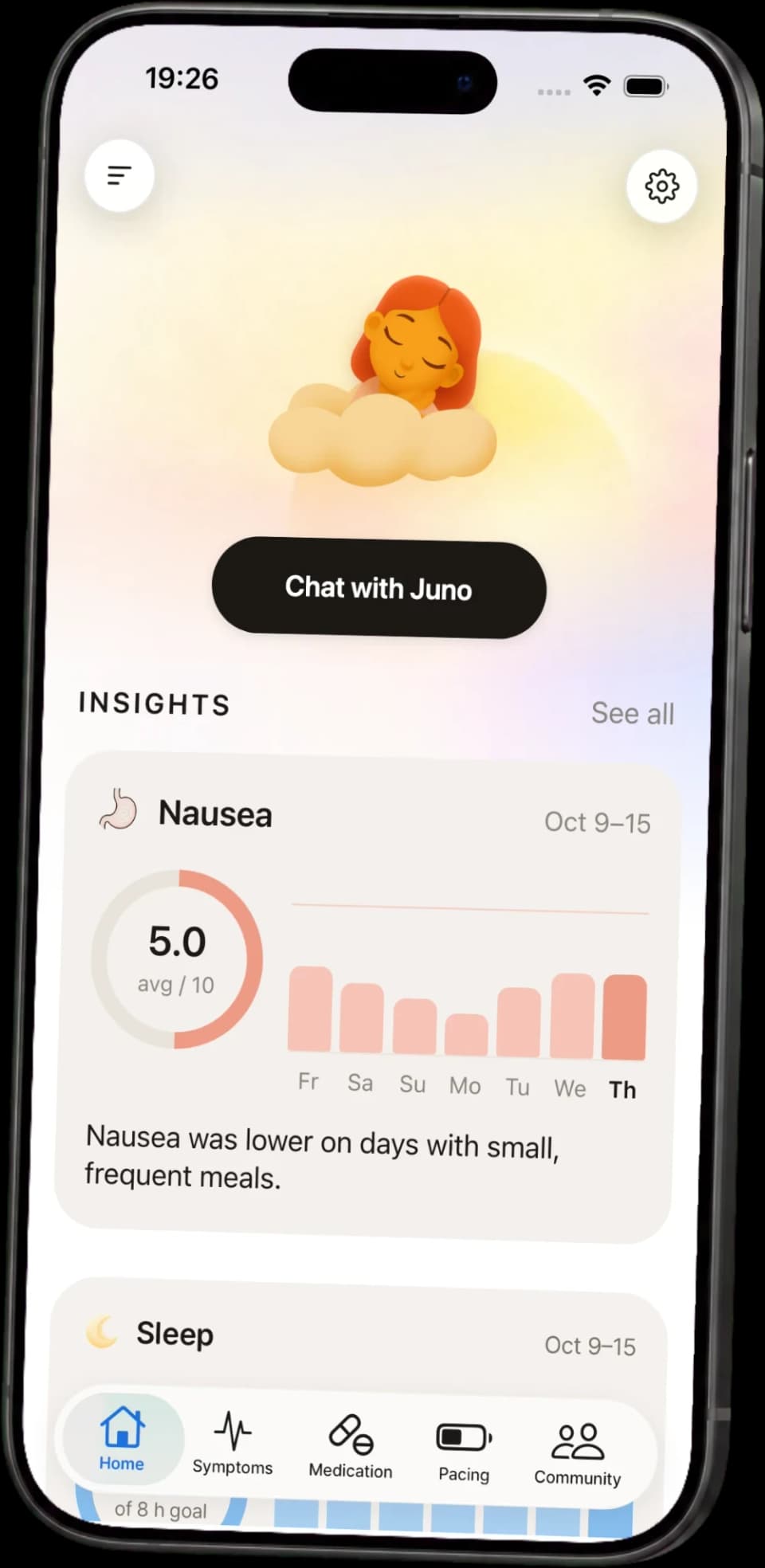The Juno app home screen with a weekly insight about nausea