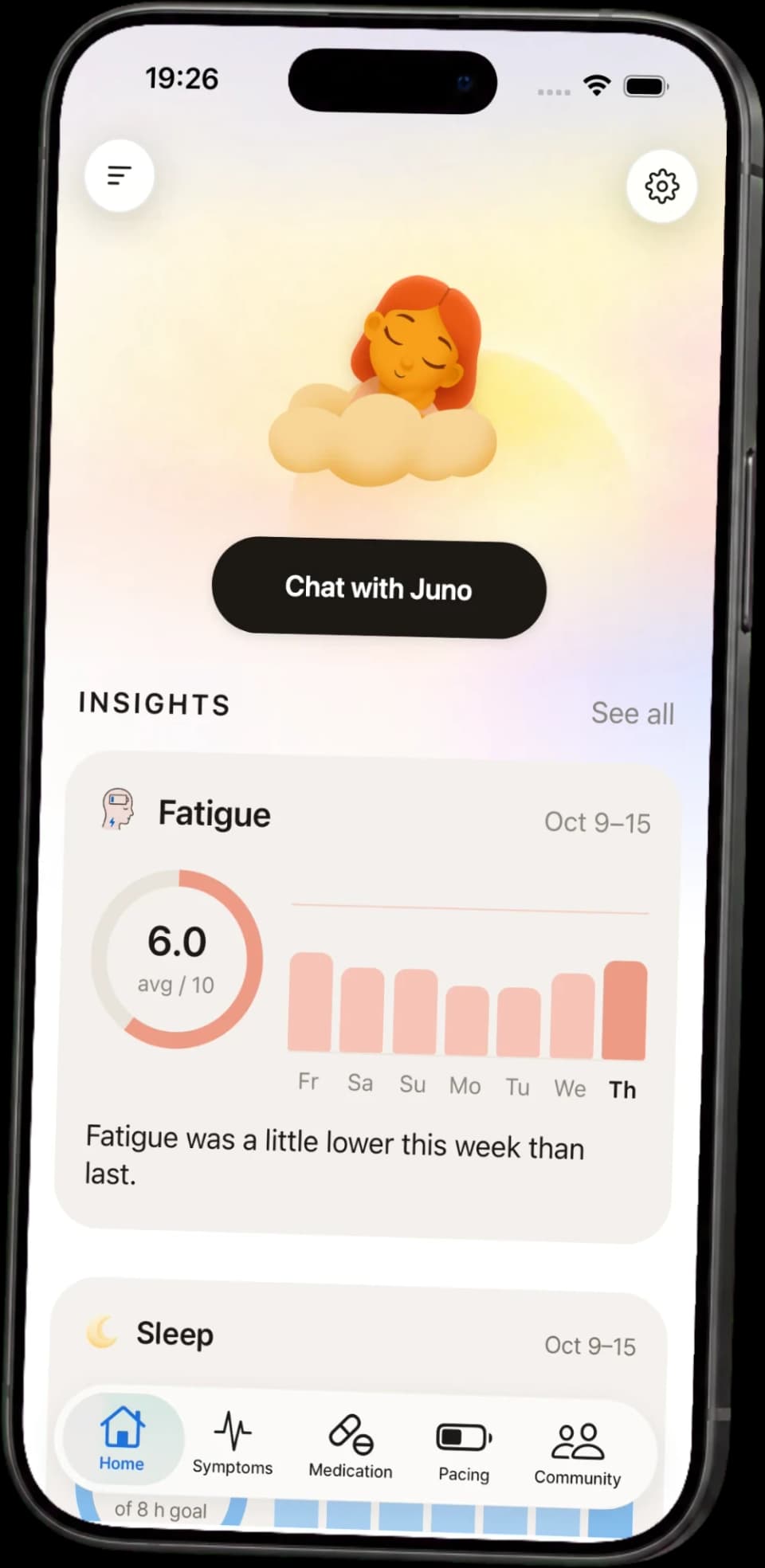 The Juno app home screen with a weekly insight about fatigue