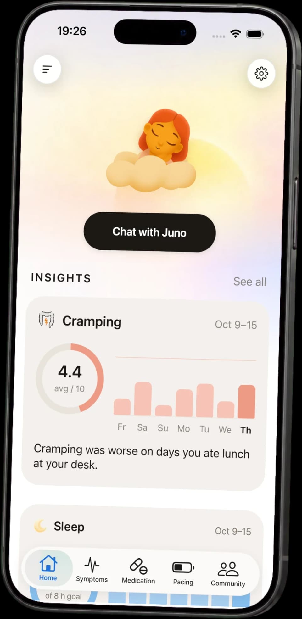 The Juno app home screen with a weekly insight about cramping