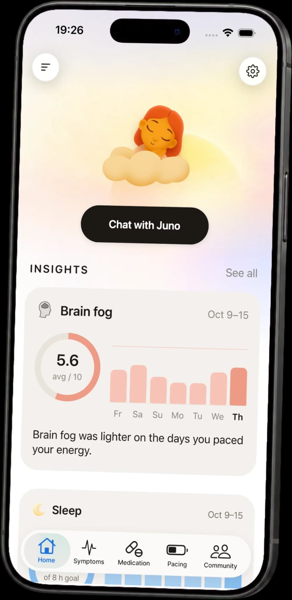 The Juno app home screen with a weekly insight about brain fog