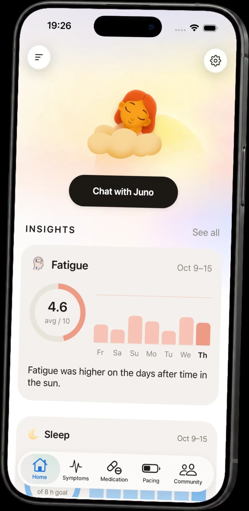 The Juno app home screen with a weekly insight about fatigue