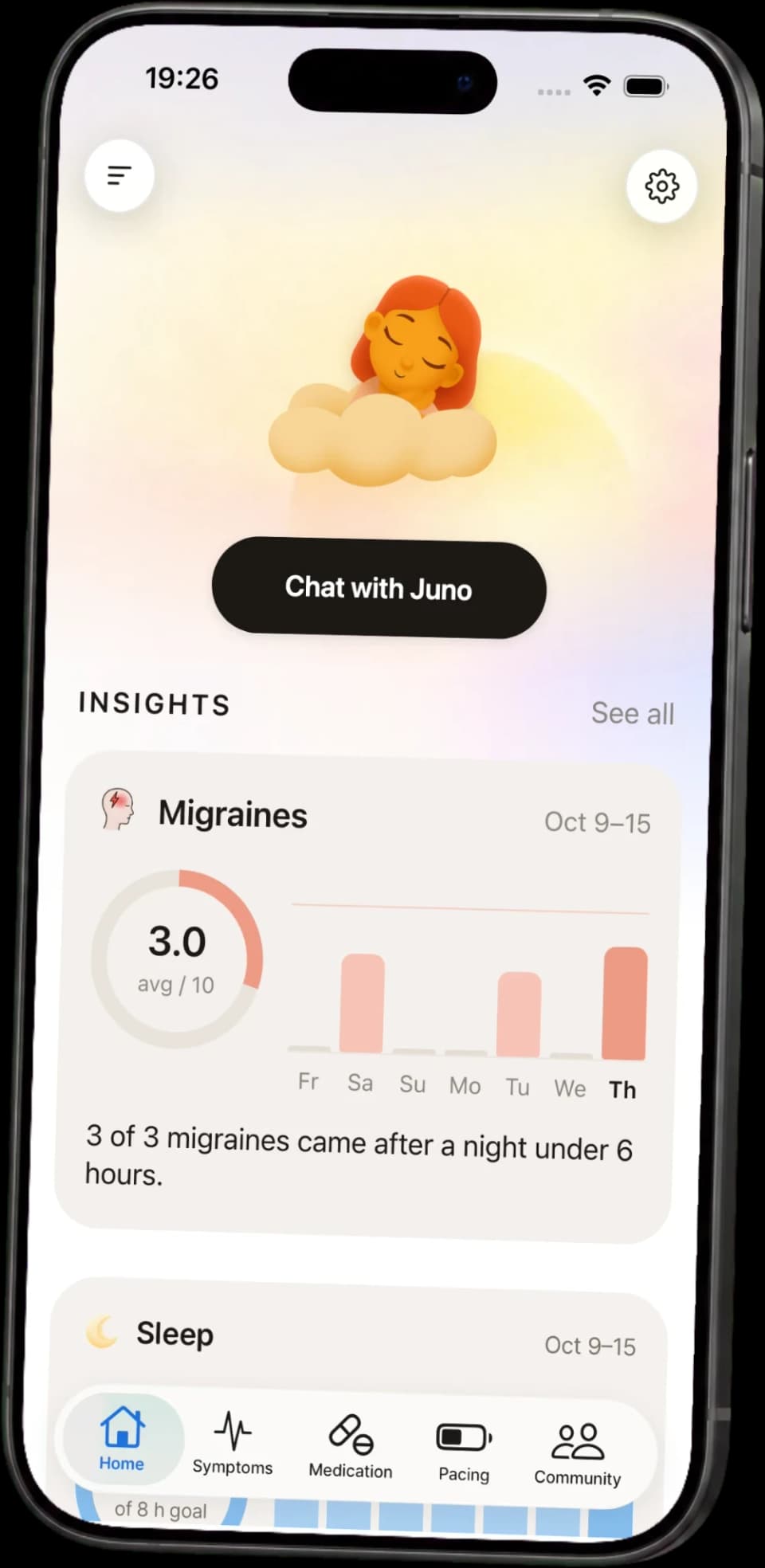 The Juno app home screen with a weekly insight about migraines