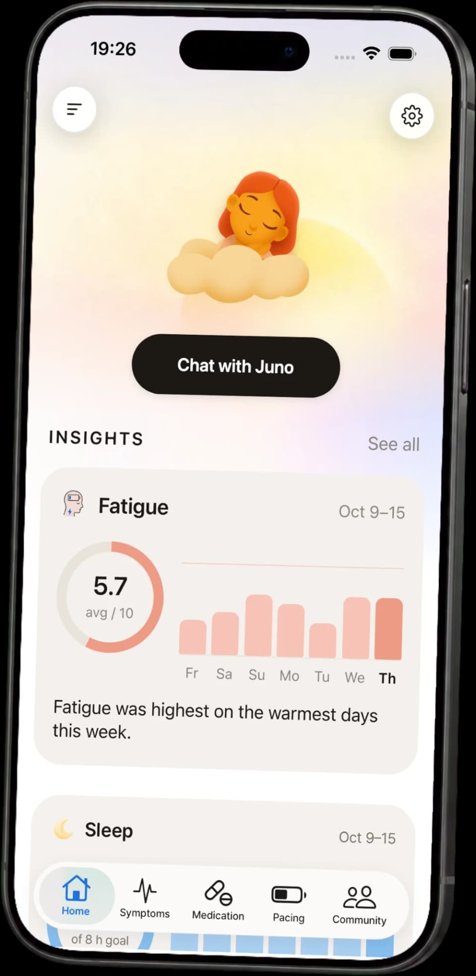 The Juno app home screen with a weekly insight about fatigue