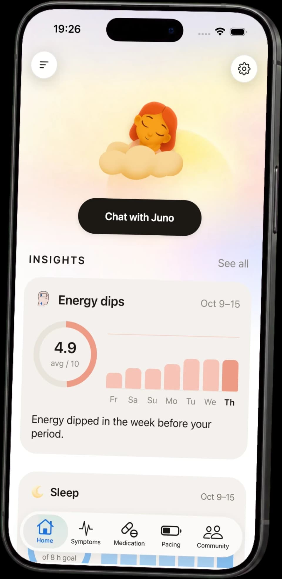 The Juno app home screen with a weekly insight about energy dips