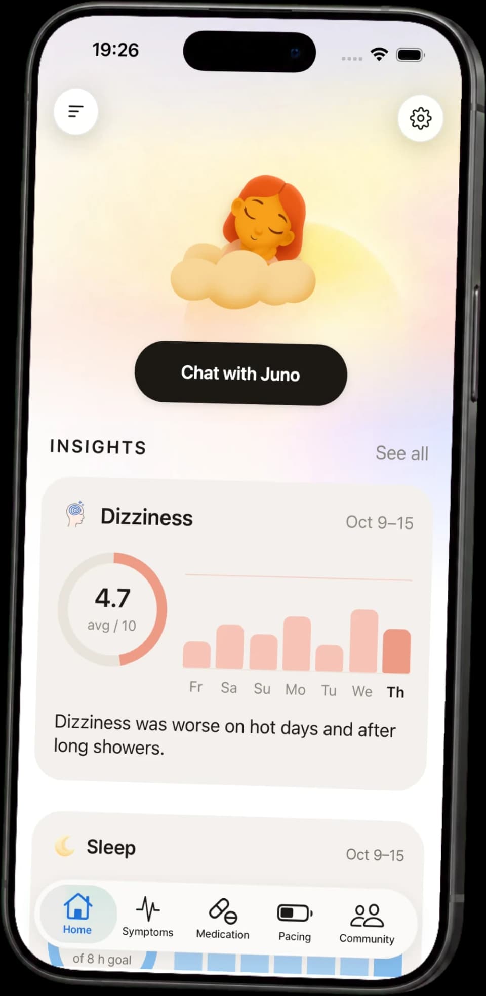The Juno app home screen with a weekly insight about dizziness