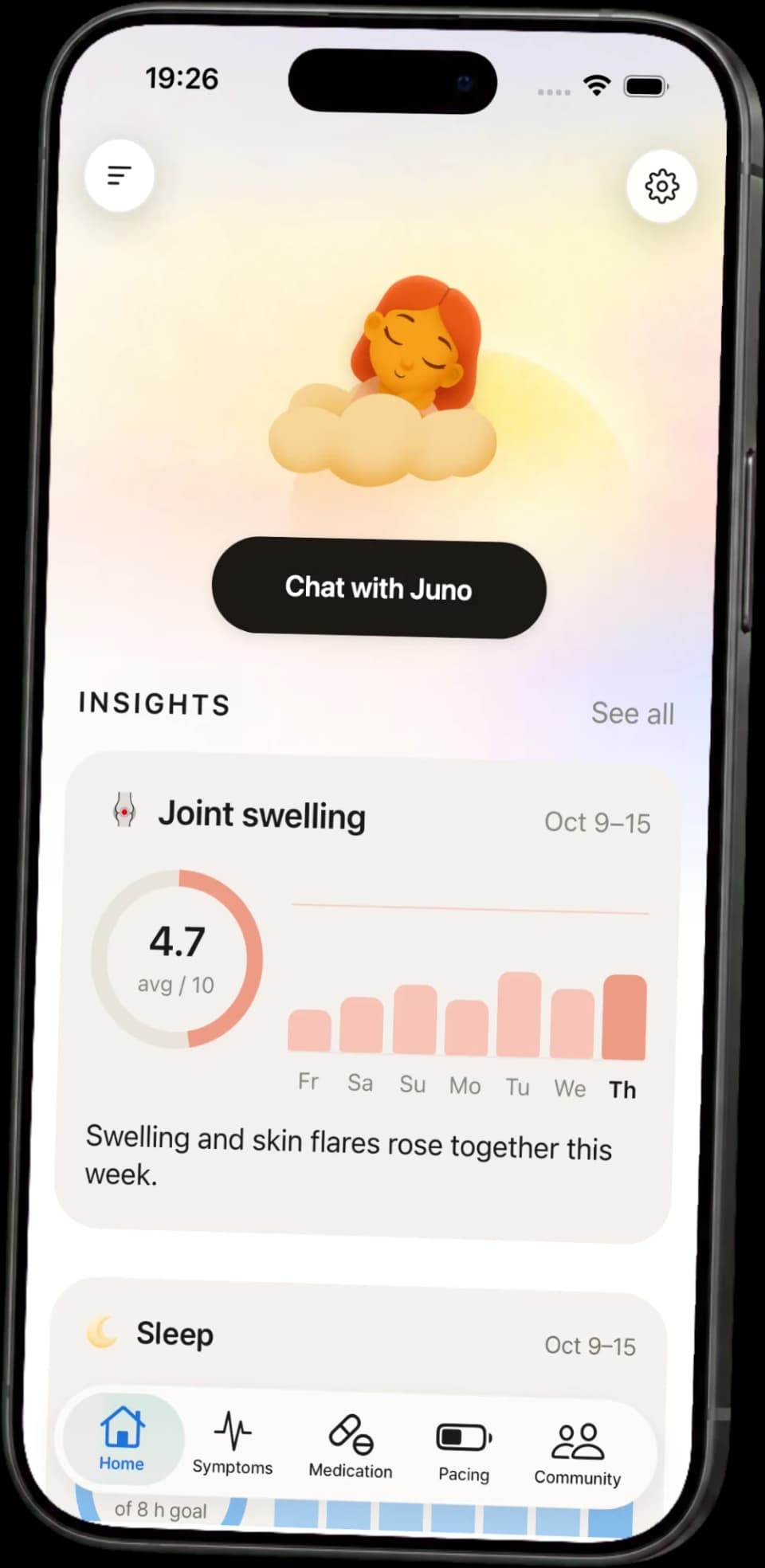 The Juno app home screen with a weekly insight about joint swelling