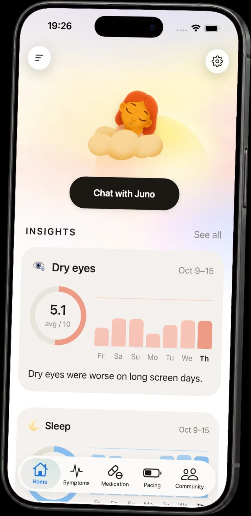 The Juno app home screen with a weekly insight about dry eyes