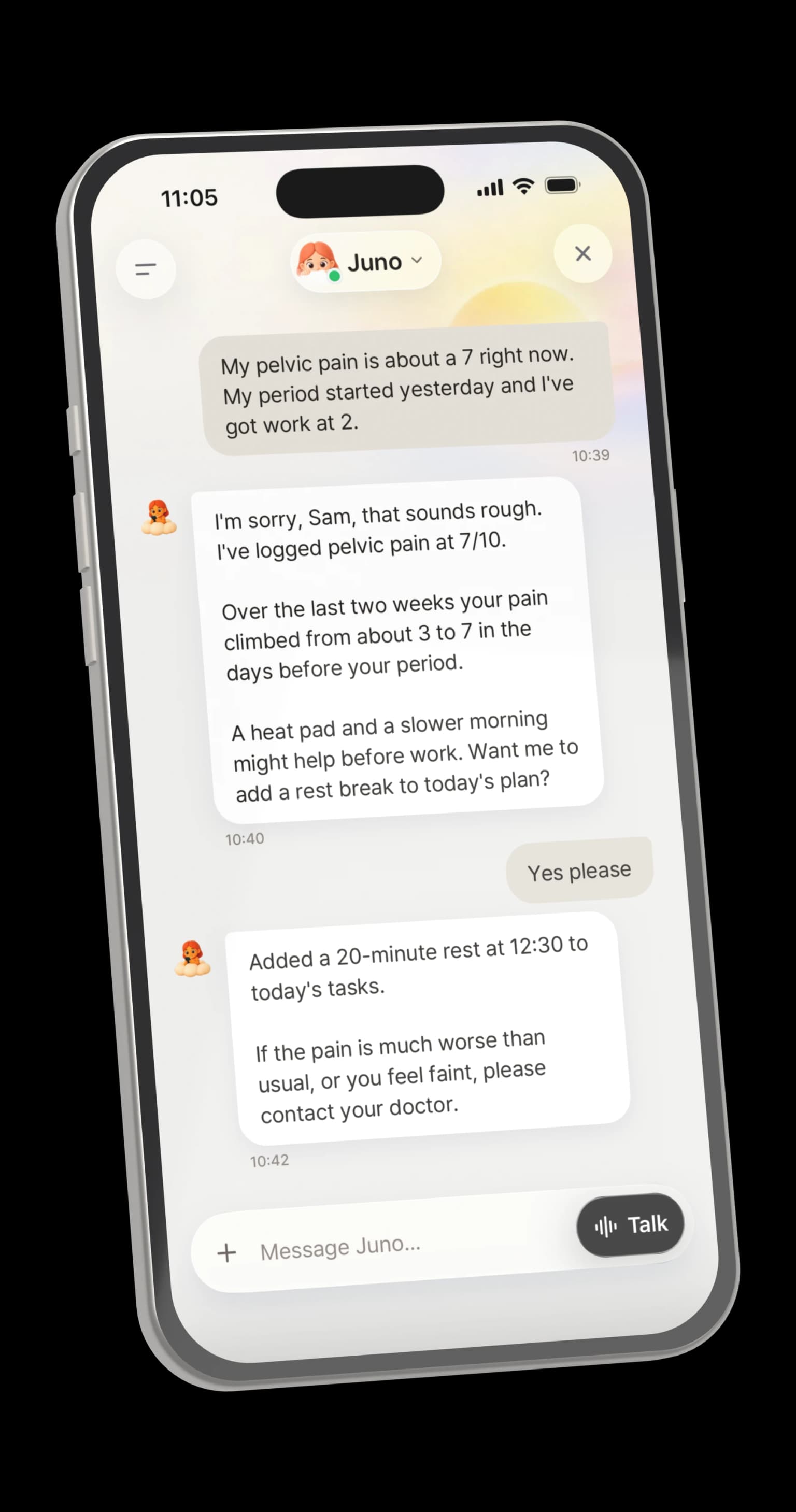 A chat with Juno where a endometriosis symptom is logged