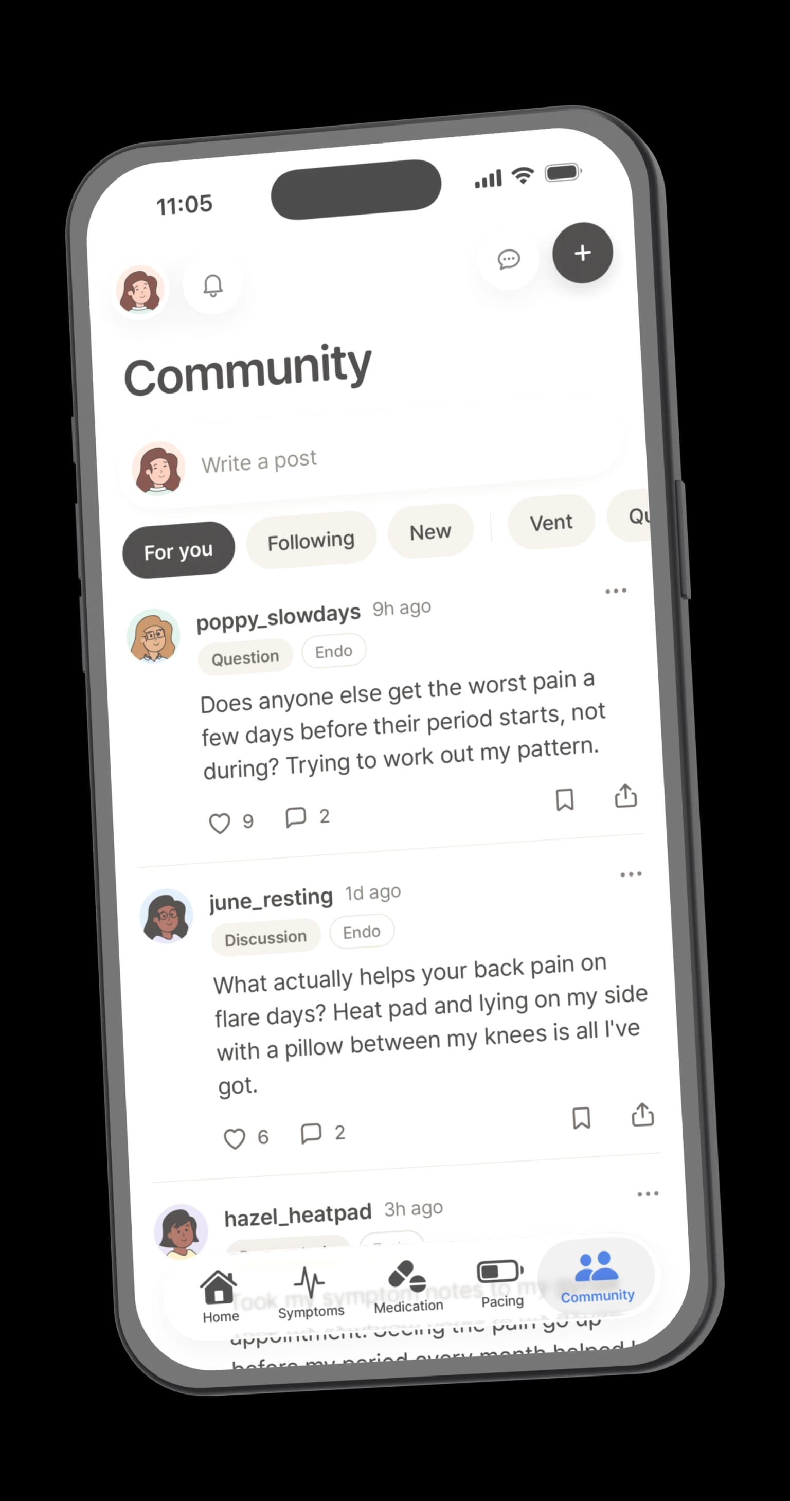 Juno Community feed with posts about endometriosis