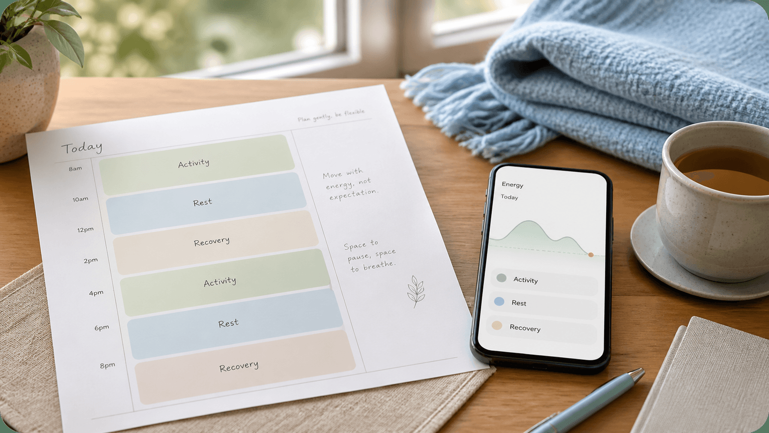 A quiet desk with a planner and a phone showing an energy pacing view