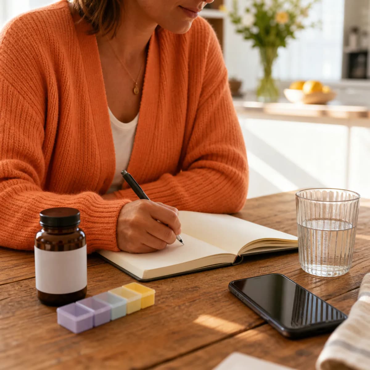 A woman in an orange cardigan writes notes at a kitchen table beside a pill organiser and a glass of water