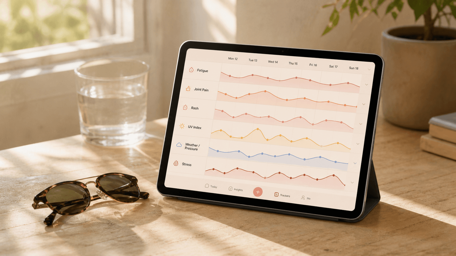 A tablet showing fatigue, joint pain, rash, UV index, weather pressure and stress trends beside sunglasses in soft window light