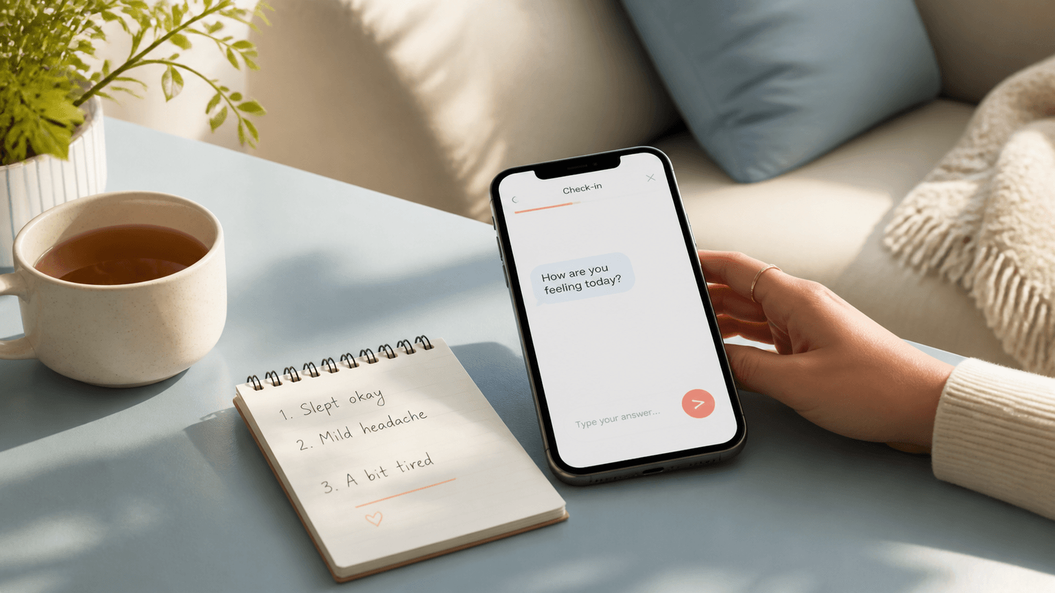 A phone showing a short symptom check-in beside a notebook and a cup of tea