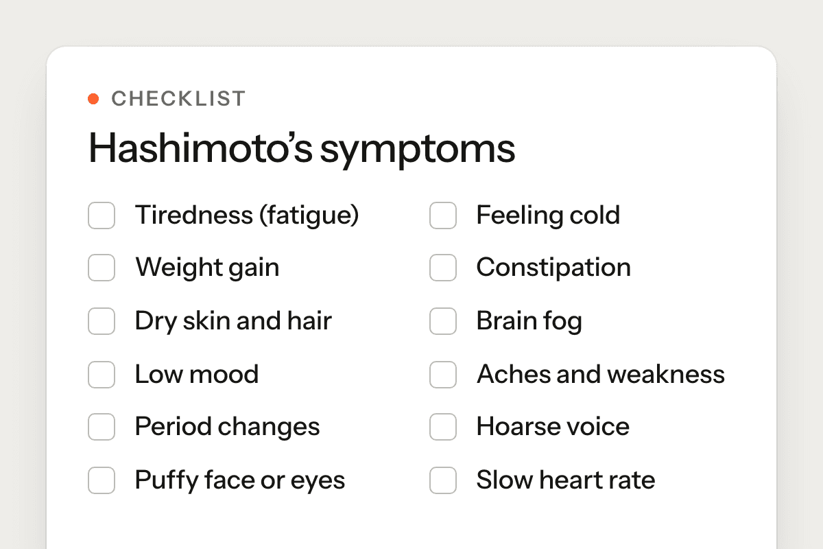 A Hashimoto’s symptom checklist from the article with tick boxes, from tiredness, feeling cold and weight gain to a hoarse voice and a slow heart rate.