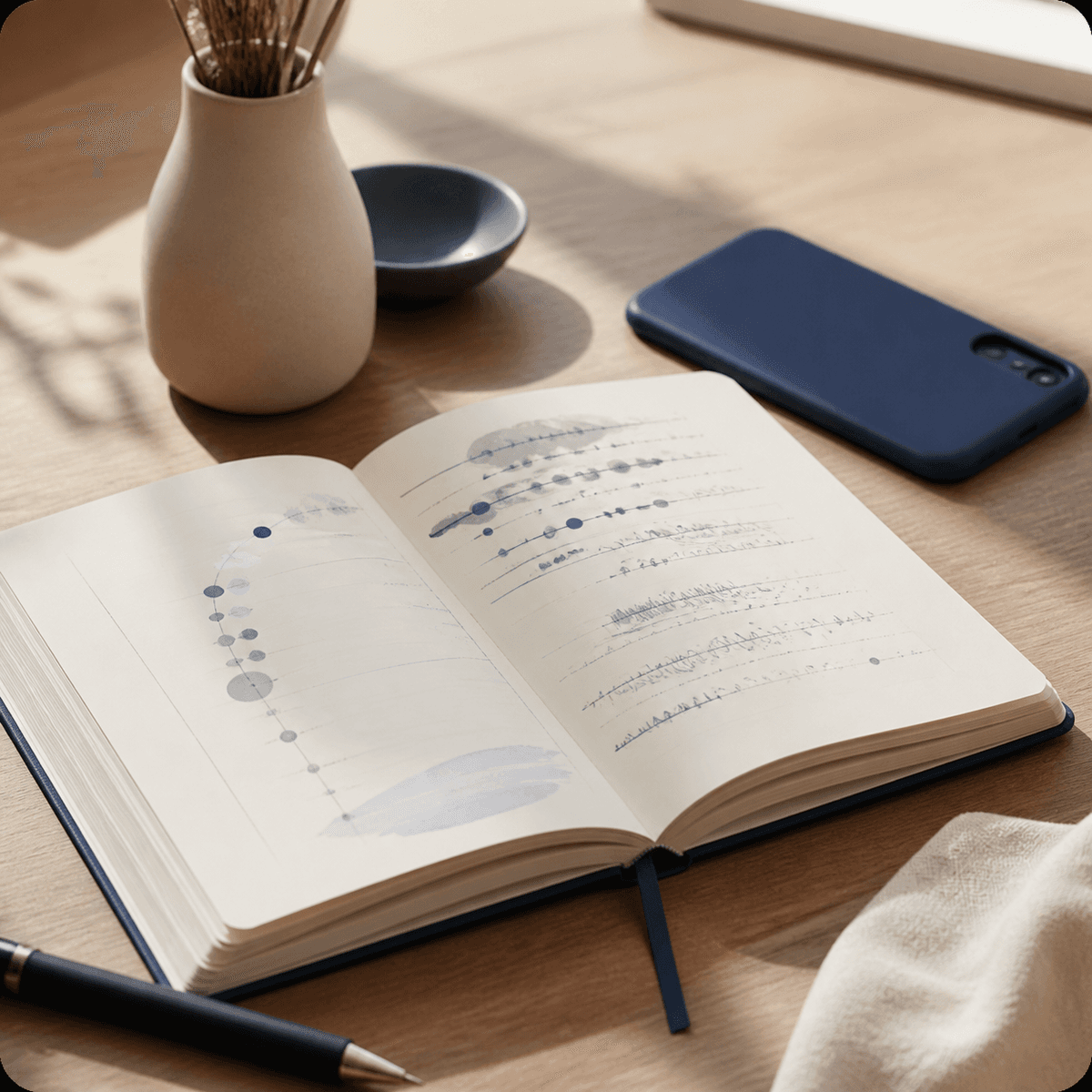 An open journal beside a phone.