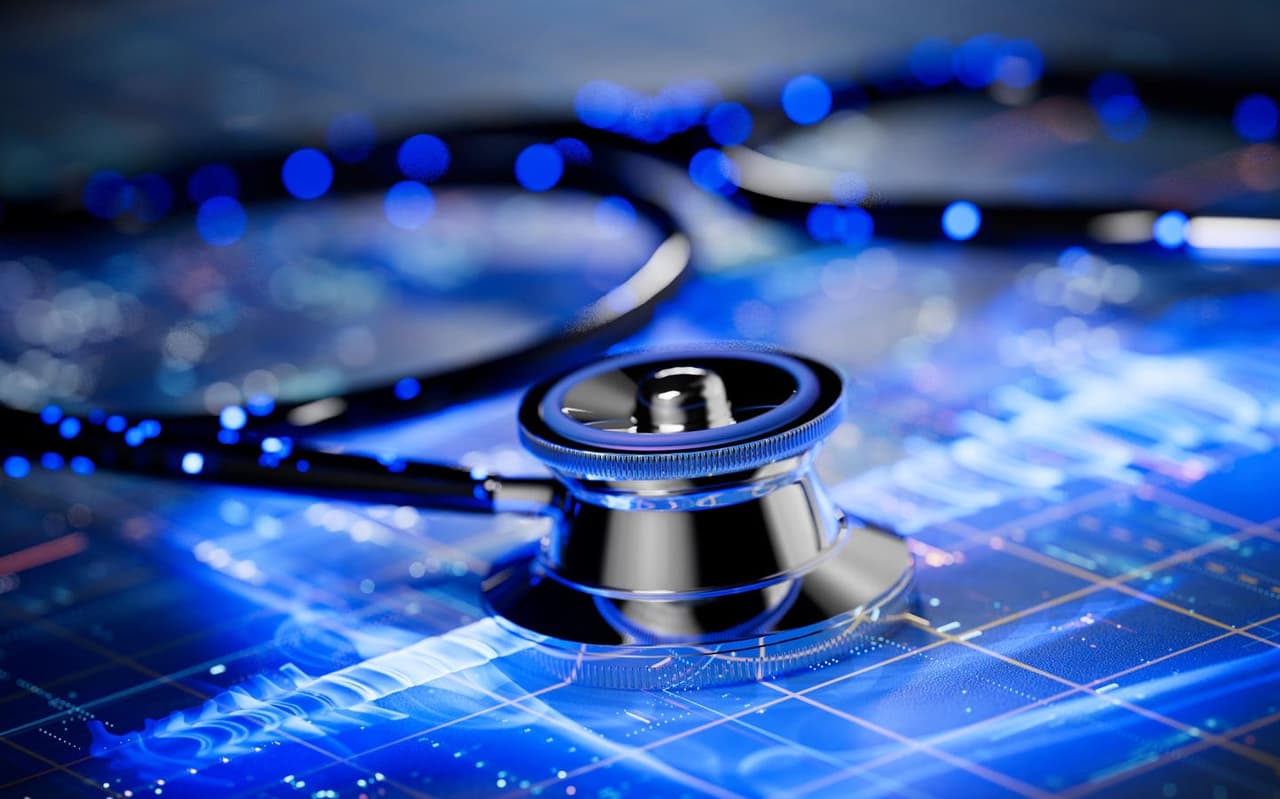 A stethoscope on a blue medical display.