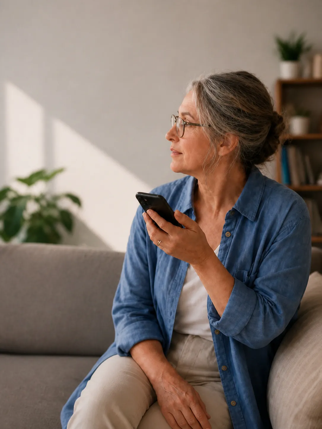 A woman using her phone while sitting on a sofa at home