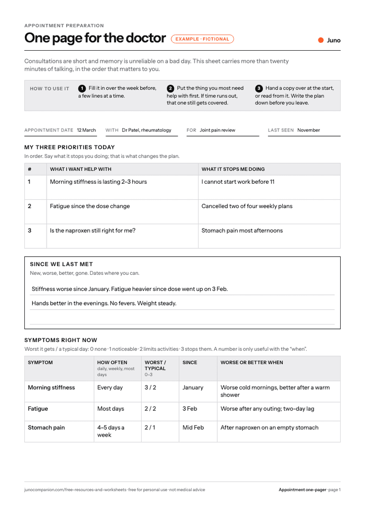 Appointment One-Pager filled in with example entries