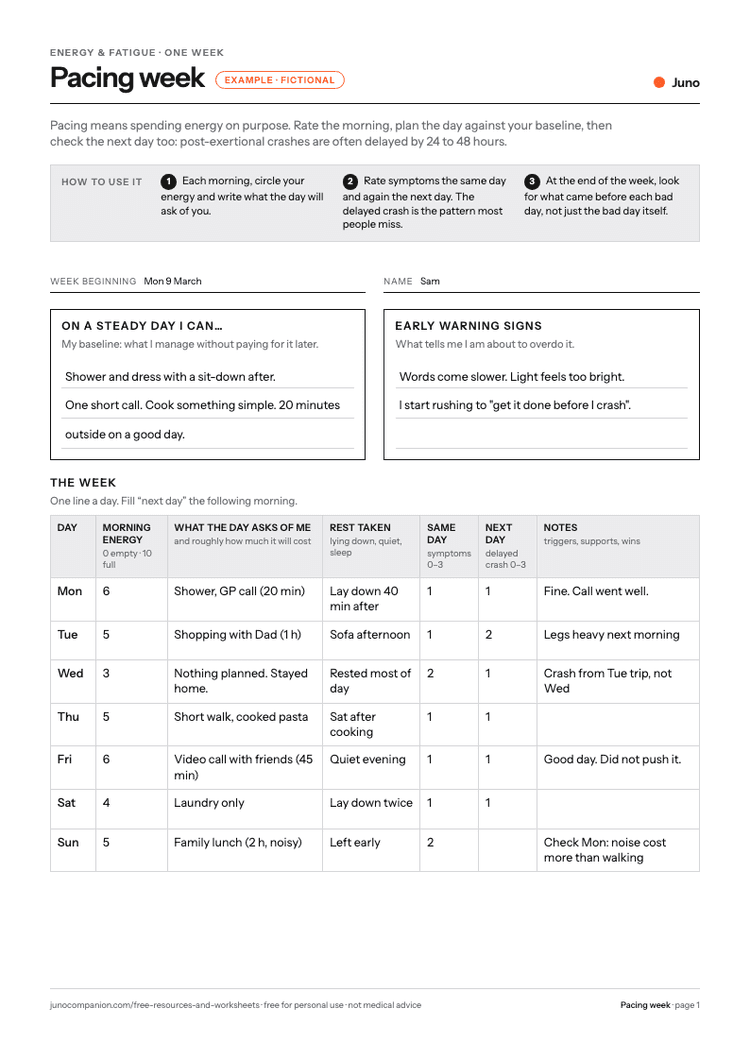 Pacing Week filled in with example entries