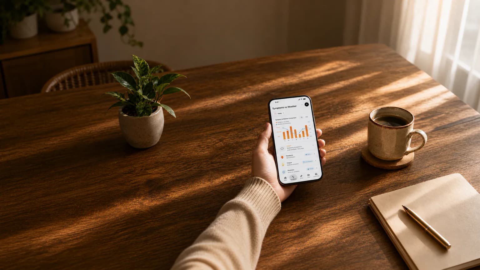 Illustration of a phone showing symptom and weather information beside a notebook on a wooden table.