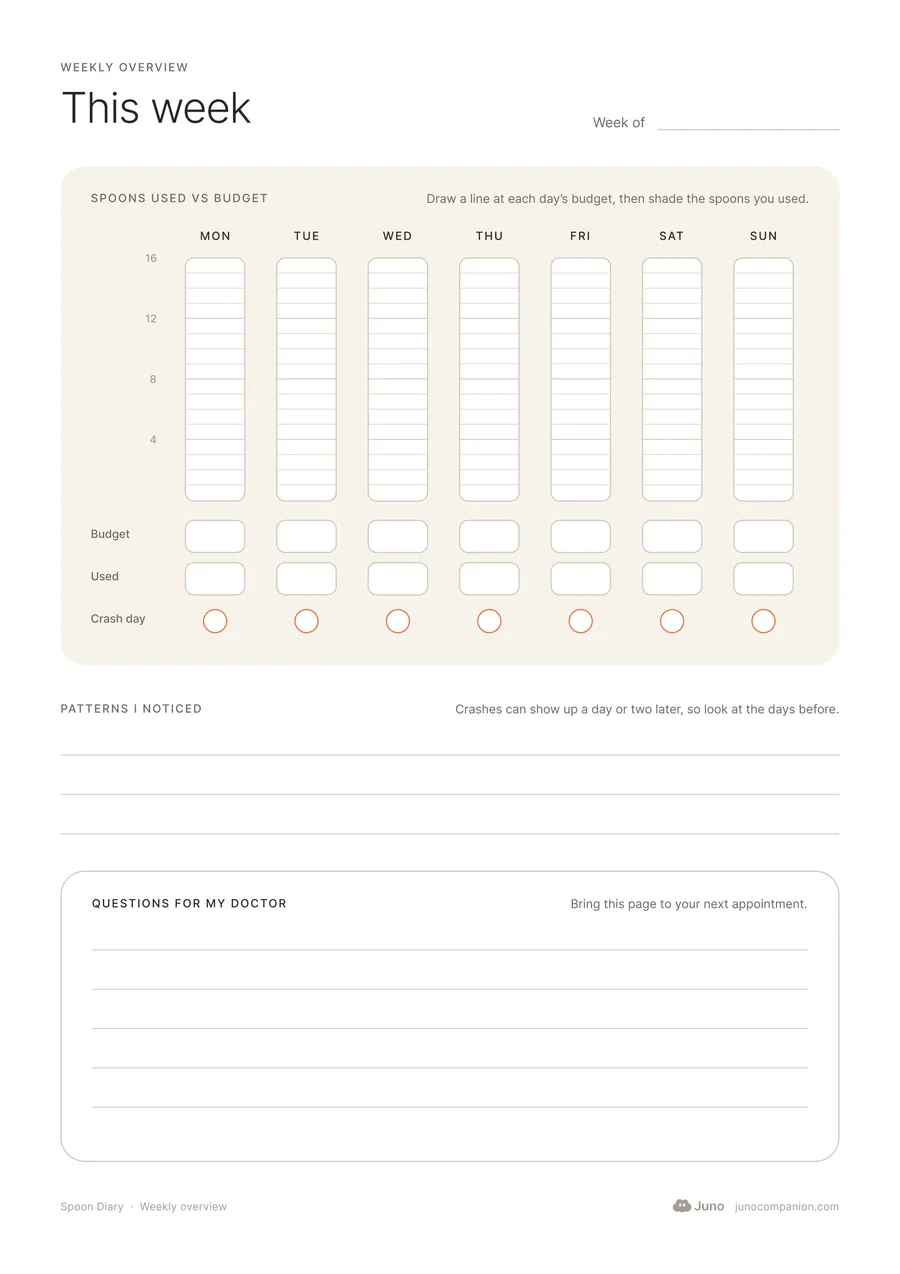 Spoon Diary weekly overview page with a row for each day of the week